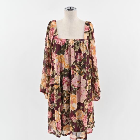 EN CREME Floral Boho Dress Size L Tiered Ruffle Balloon Sleeve Square Neck Retro - Picture 1 of 13
